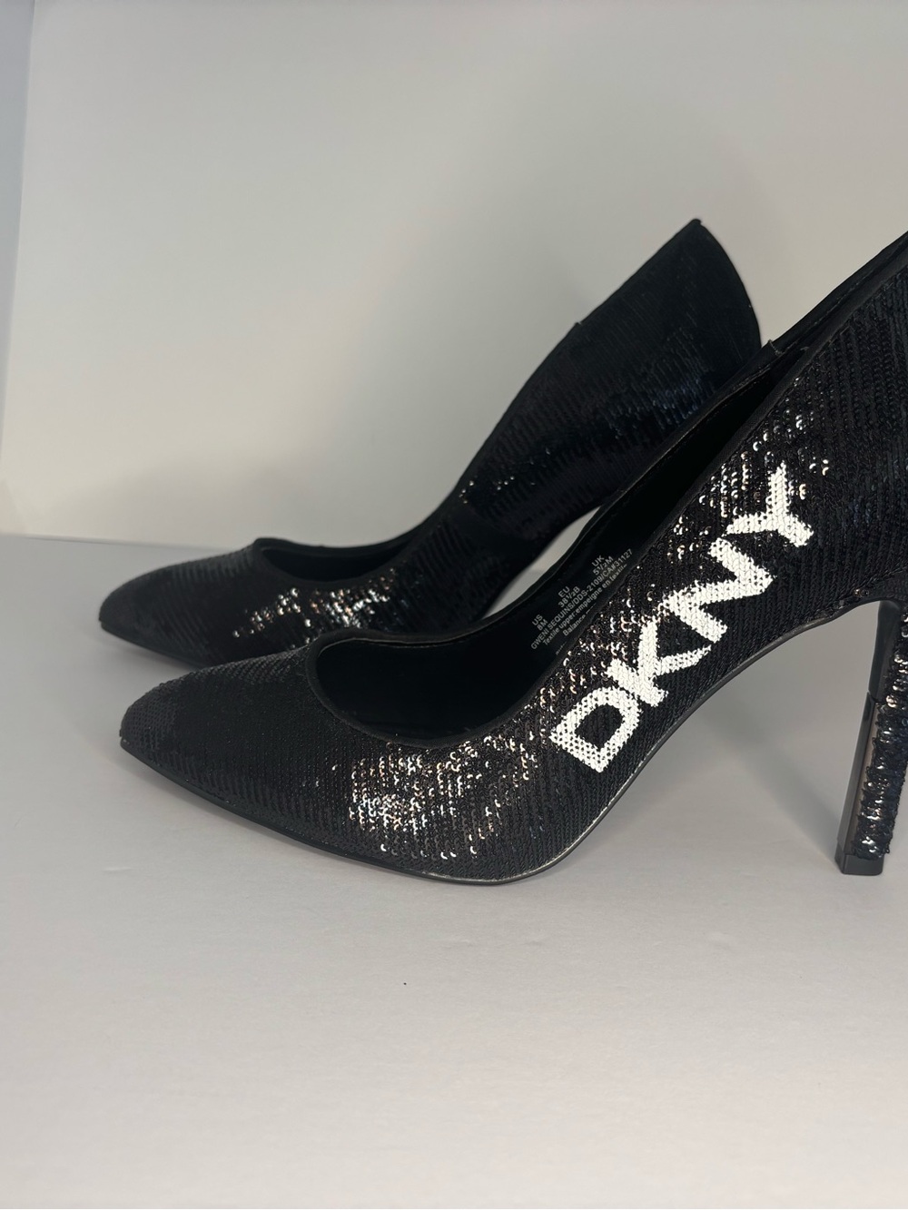 DKNY Black Sequin Pointed Toe Logo Stiletto Heels